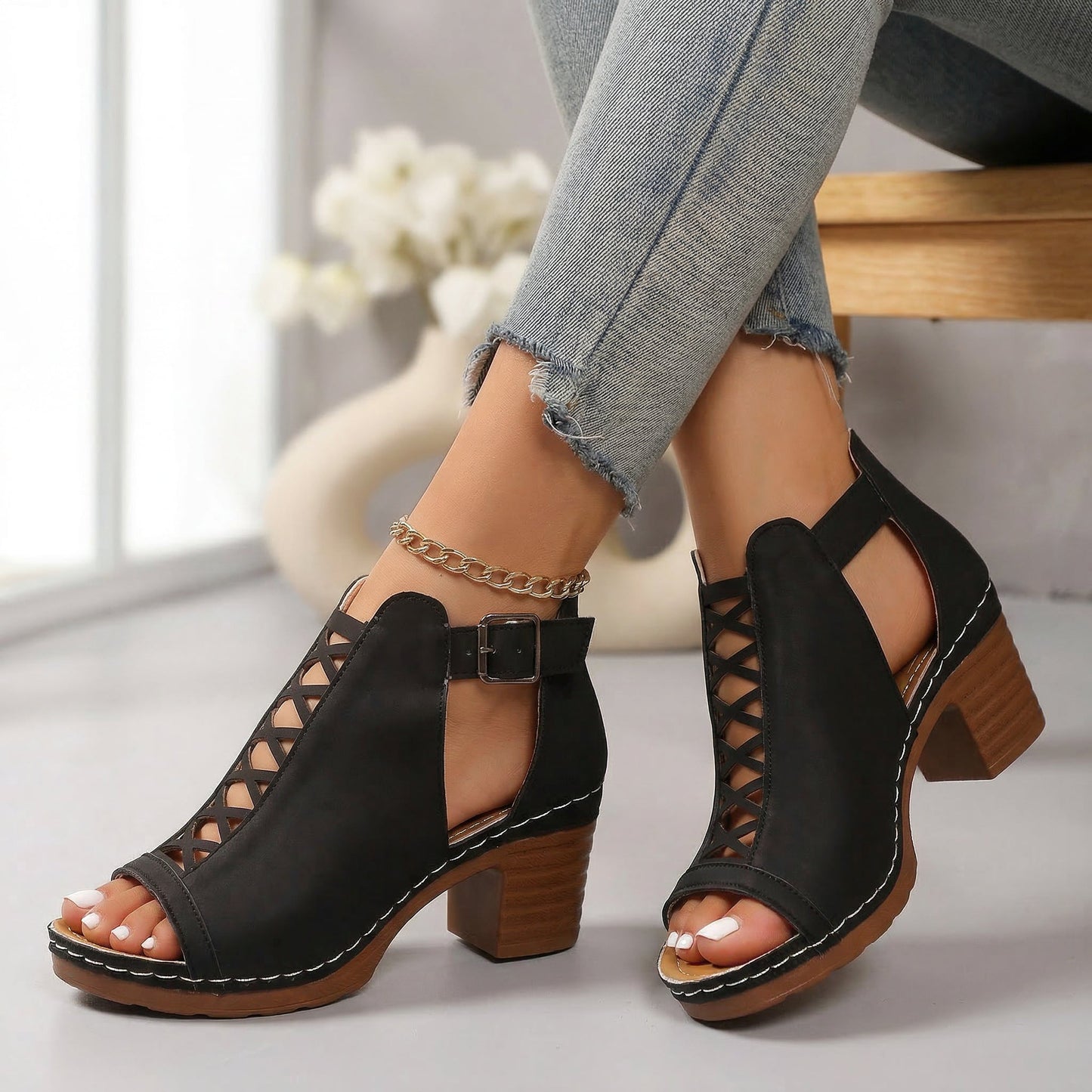 Women's Black Heels with Open Toe and Buckle Detail Corvine