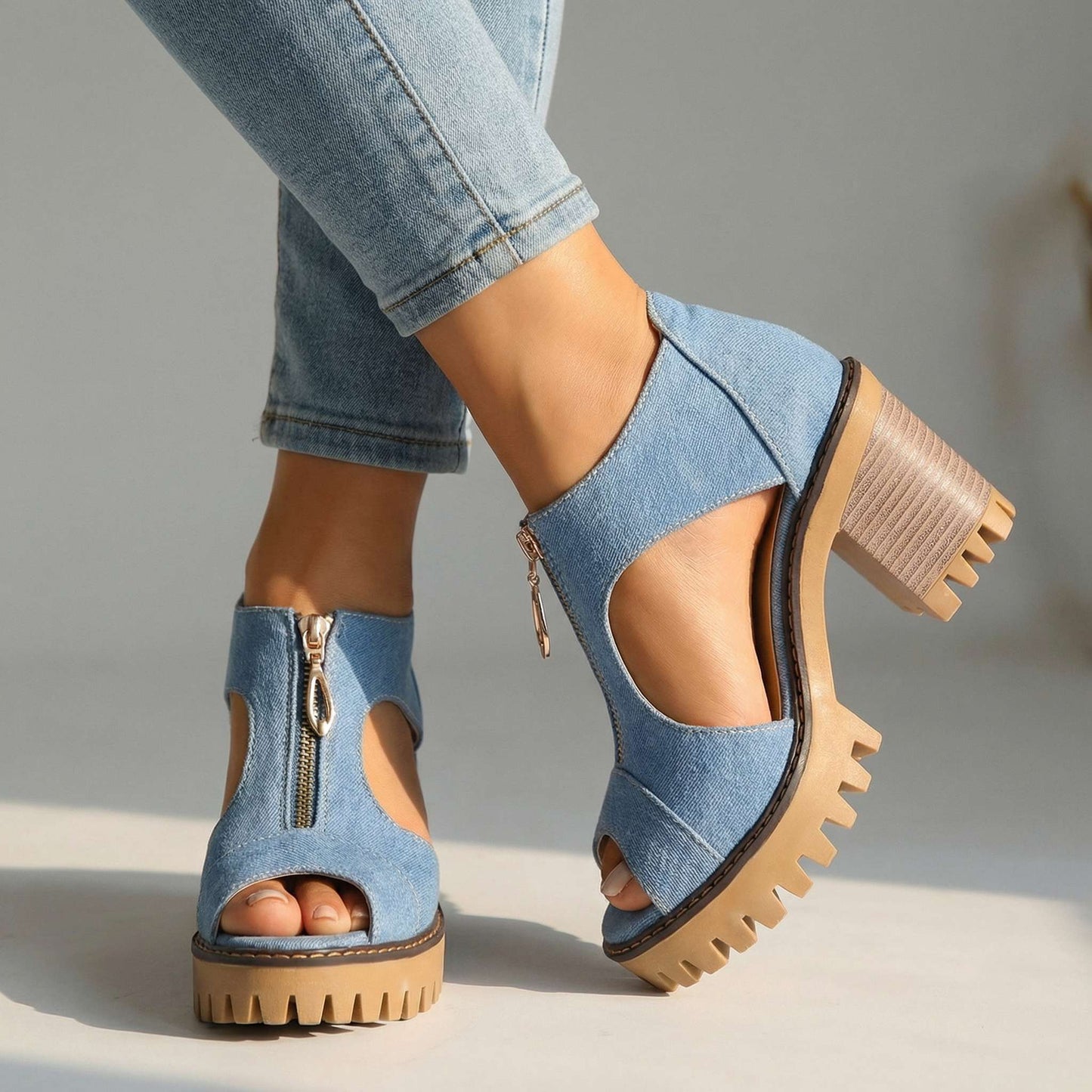 Women's Denim Zipper Block Heel Heels Corvine