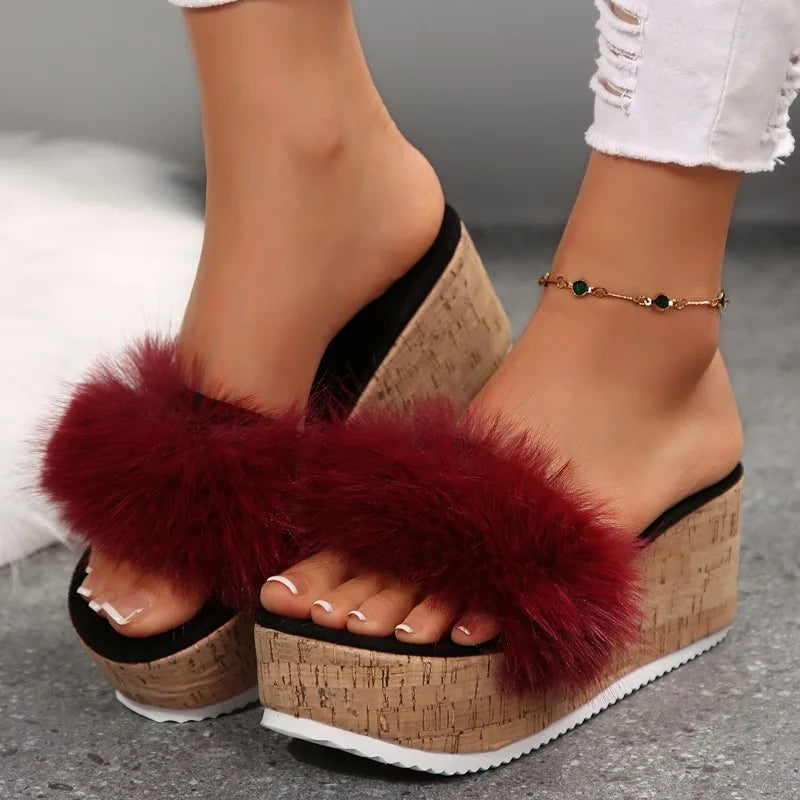Women's Faux Fur Wedge Platform Sandals Corvine