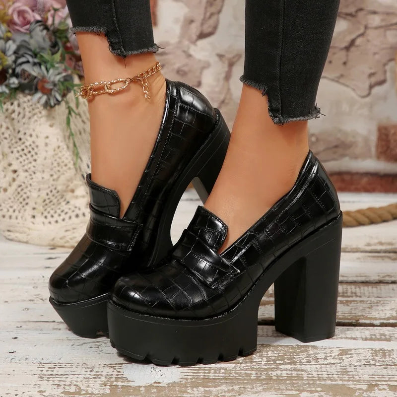 Women's Black Croc-Embossed Platform Heels Corvine