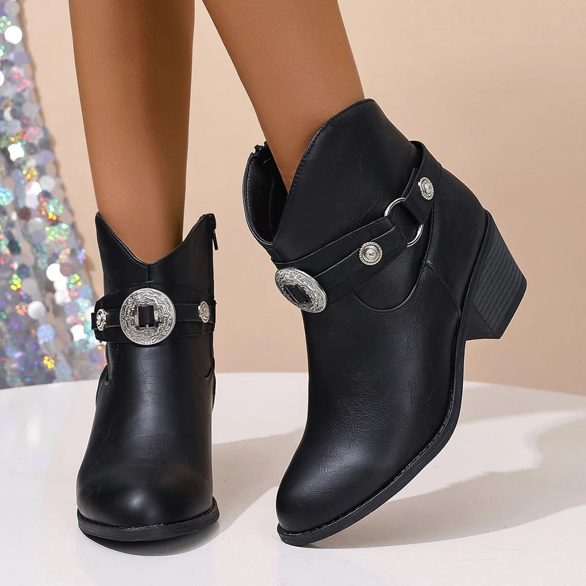 Women's Black Faux Leather Ankle Boots Corvine