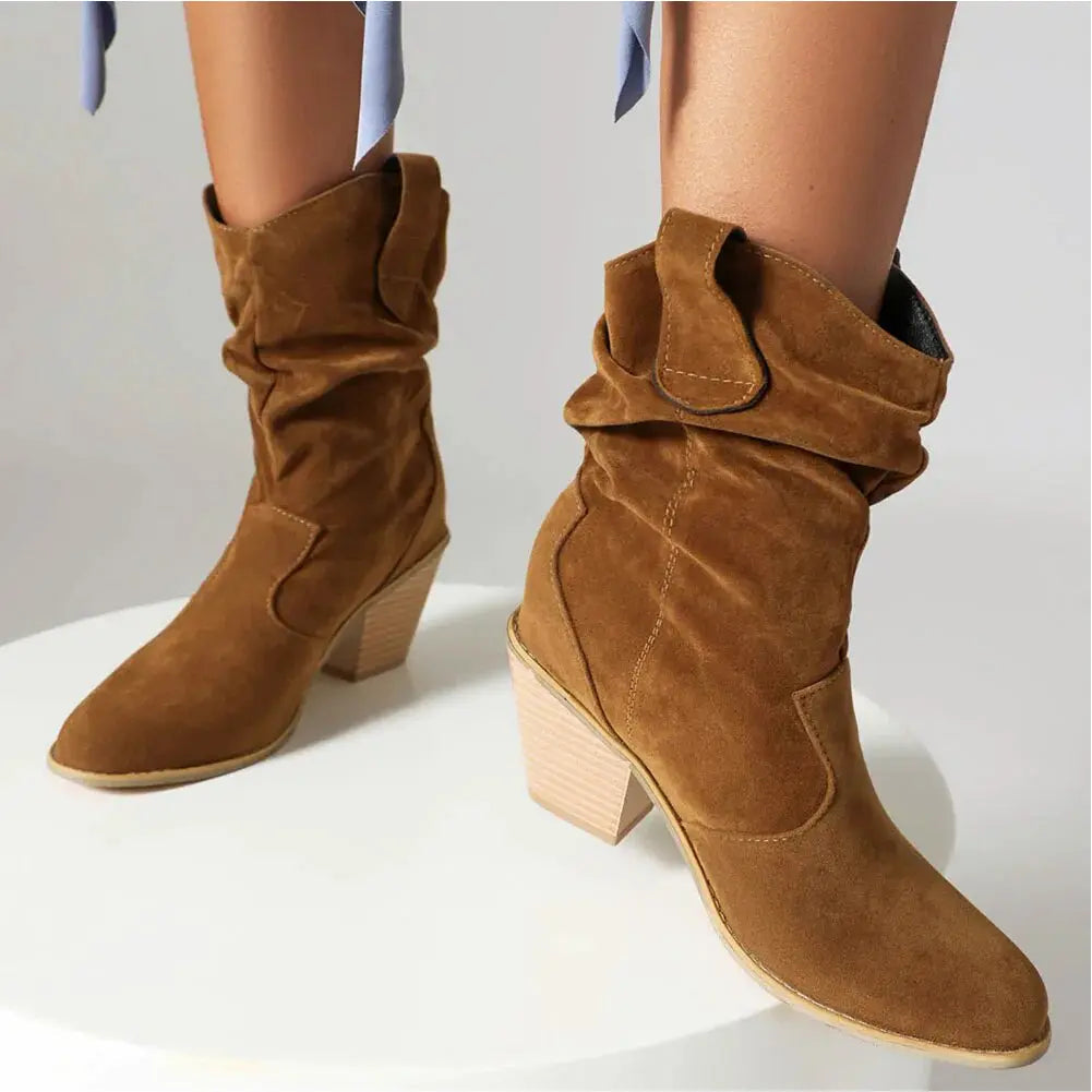 Women's Black Ruched Mid-Calf Western Boots Corvine