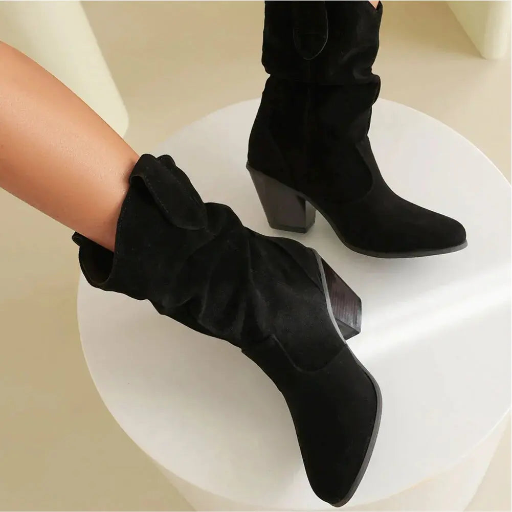 Women's Black Ruched Mid-Calf Western Boots Corvine