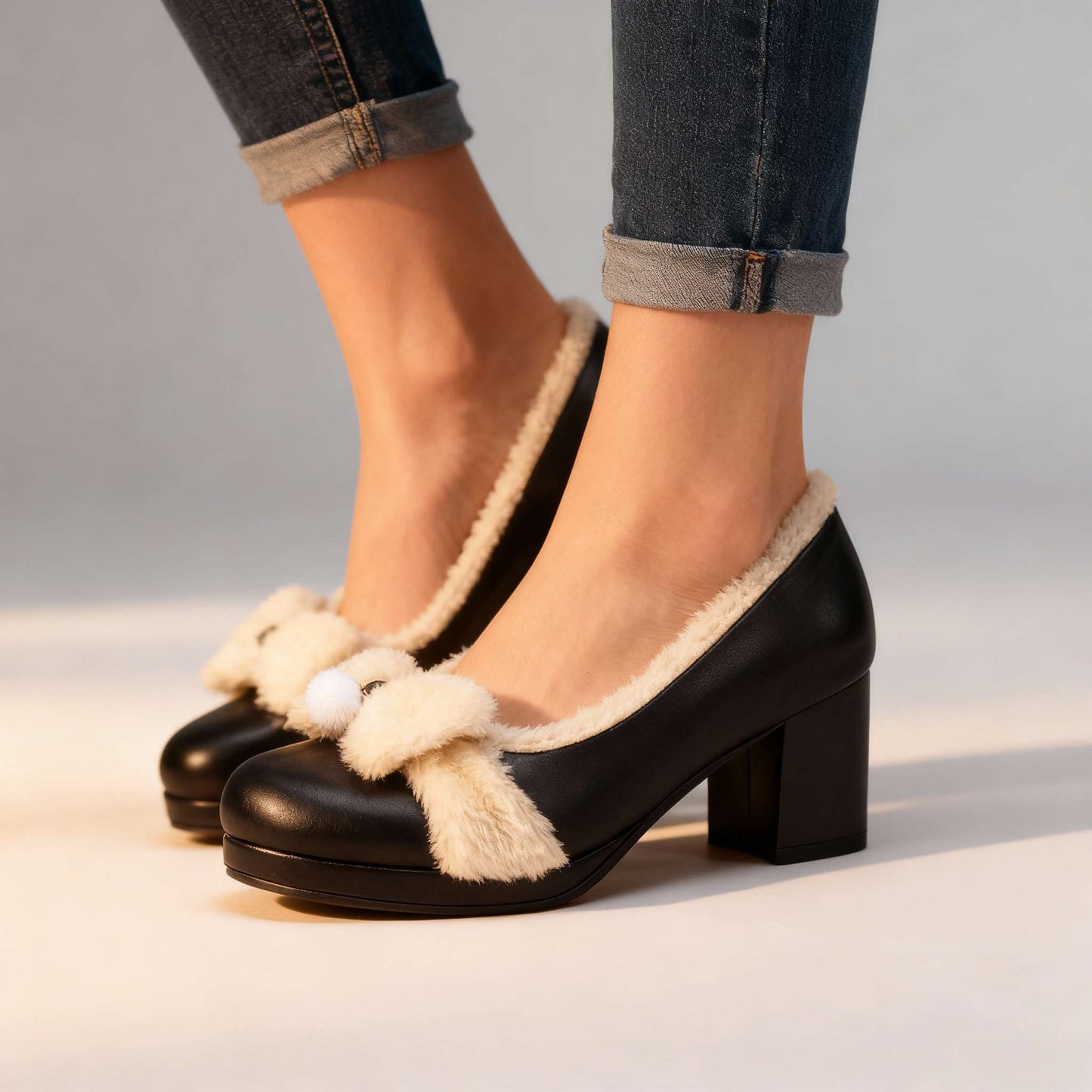 Women's Black Soft Sherpa Lined Block Heel Pumps Corvine
