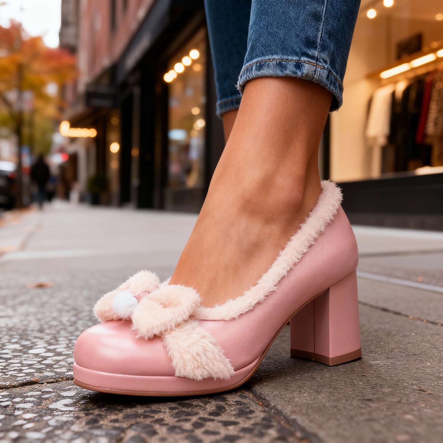 Women's Black Soft Sherpa Lined Block Heel Pumps Corvine