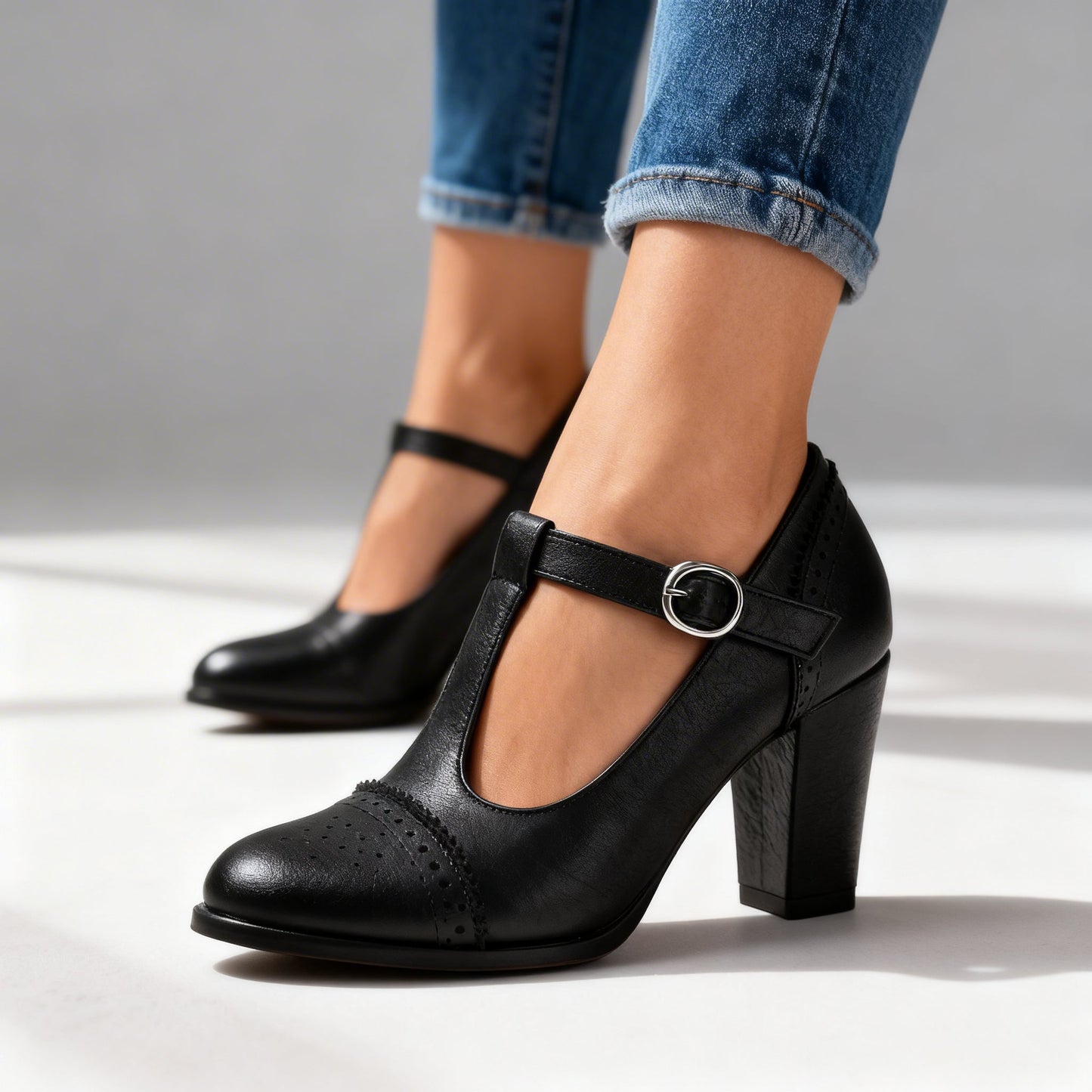 Women's Black T-Strap Brogue Loafers Corvine