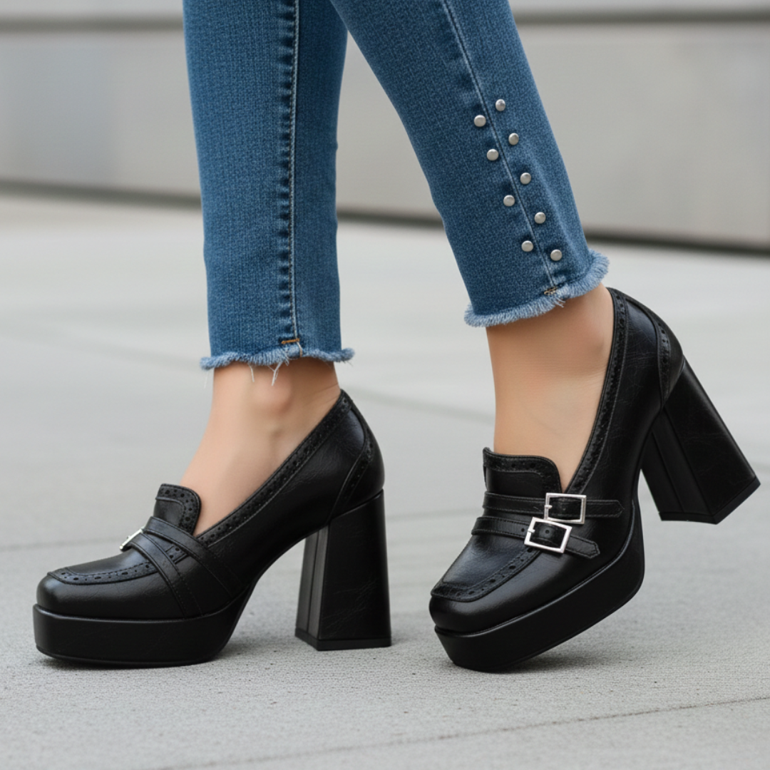 Women's Black Vegan Leather Platform Heels Corvine