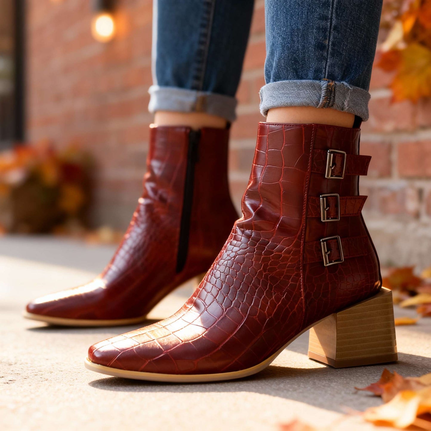 Women's Block Heel Triple Buckle Boots Corvine