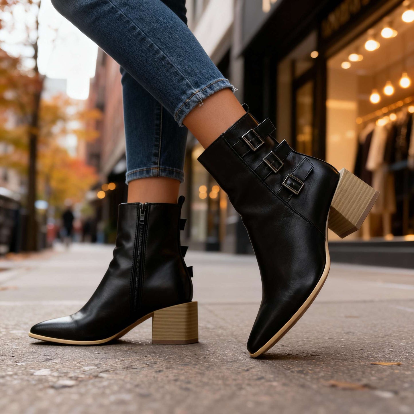 Women's Block Heel Triple Buckle Boots Corvine