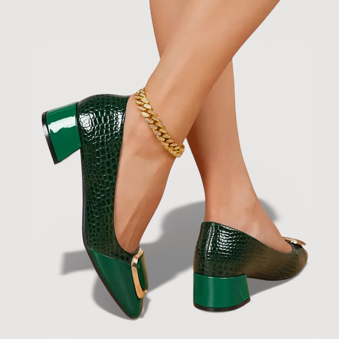 Women's Croc-Embossed Leather Block Heels Corvine