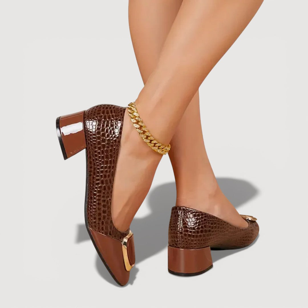 Women's Croc-Embossed Leather Block Heels Corvine