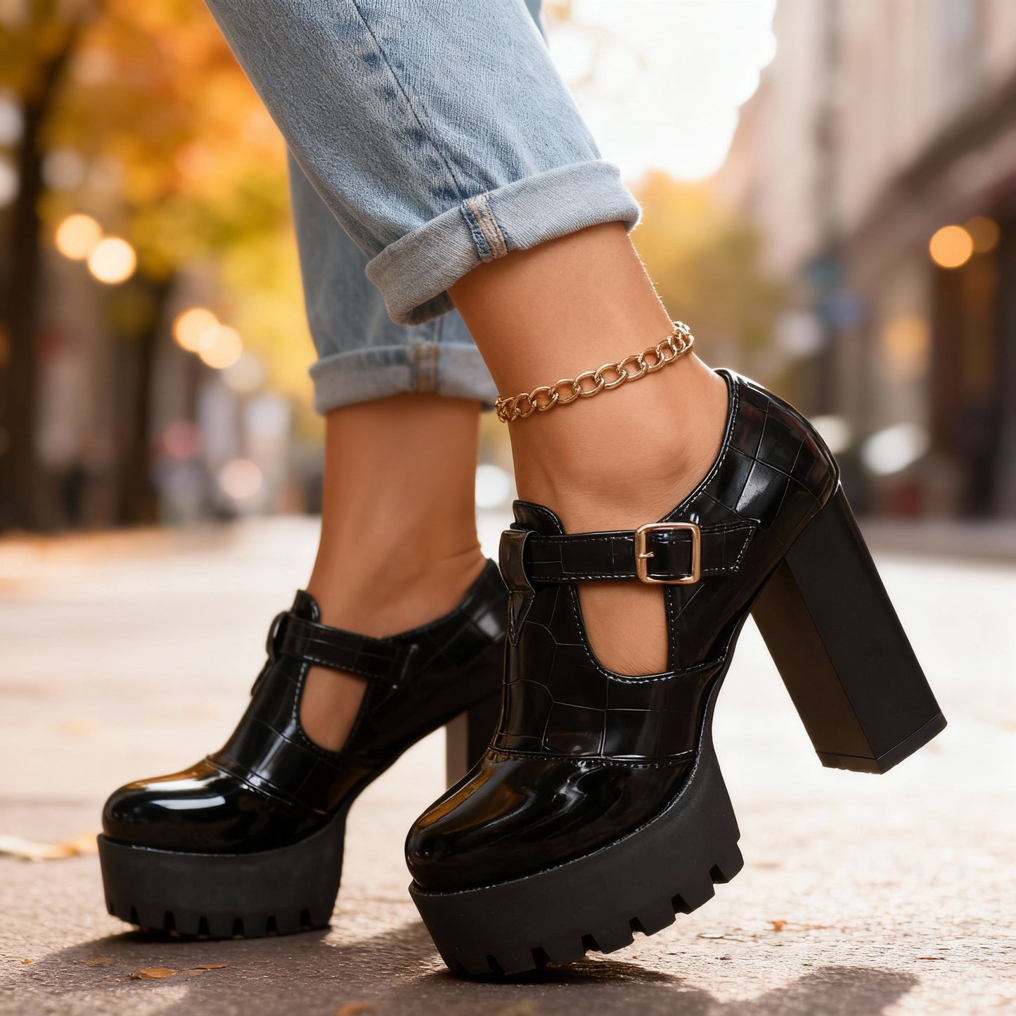 Women's Croc-Embossed Leather Block Heels Corvine