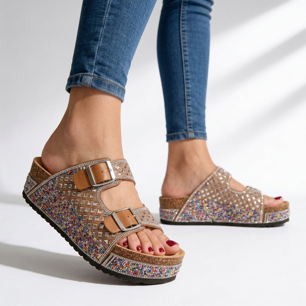 Women's Crystal Embellished Platform Slides Corvine