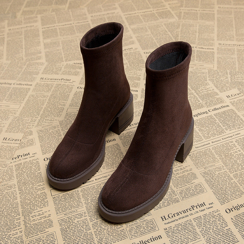Women's Dark Suede Chunky Heeled Boots Corvine
