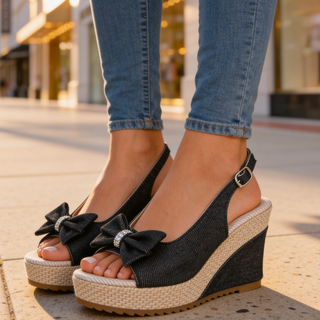 Women's Denim Wedge Heel Sandals With Crystal Bow Corvine