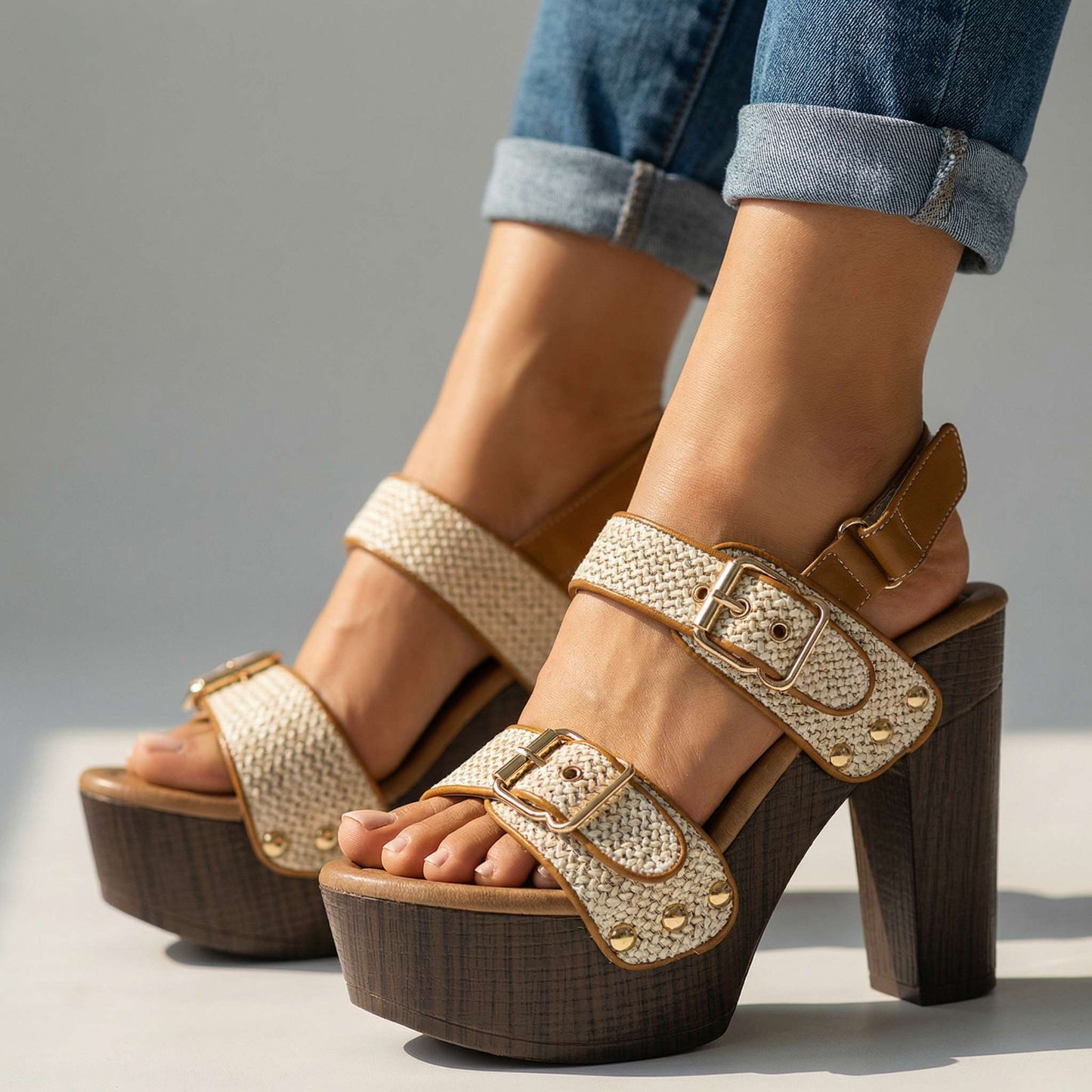 Women's Double Buckle Strap Block Heel Sandals Corvine