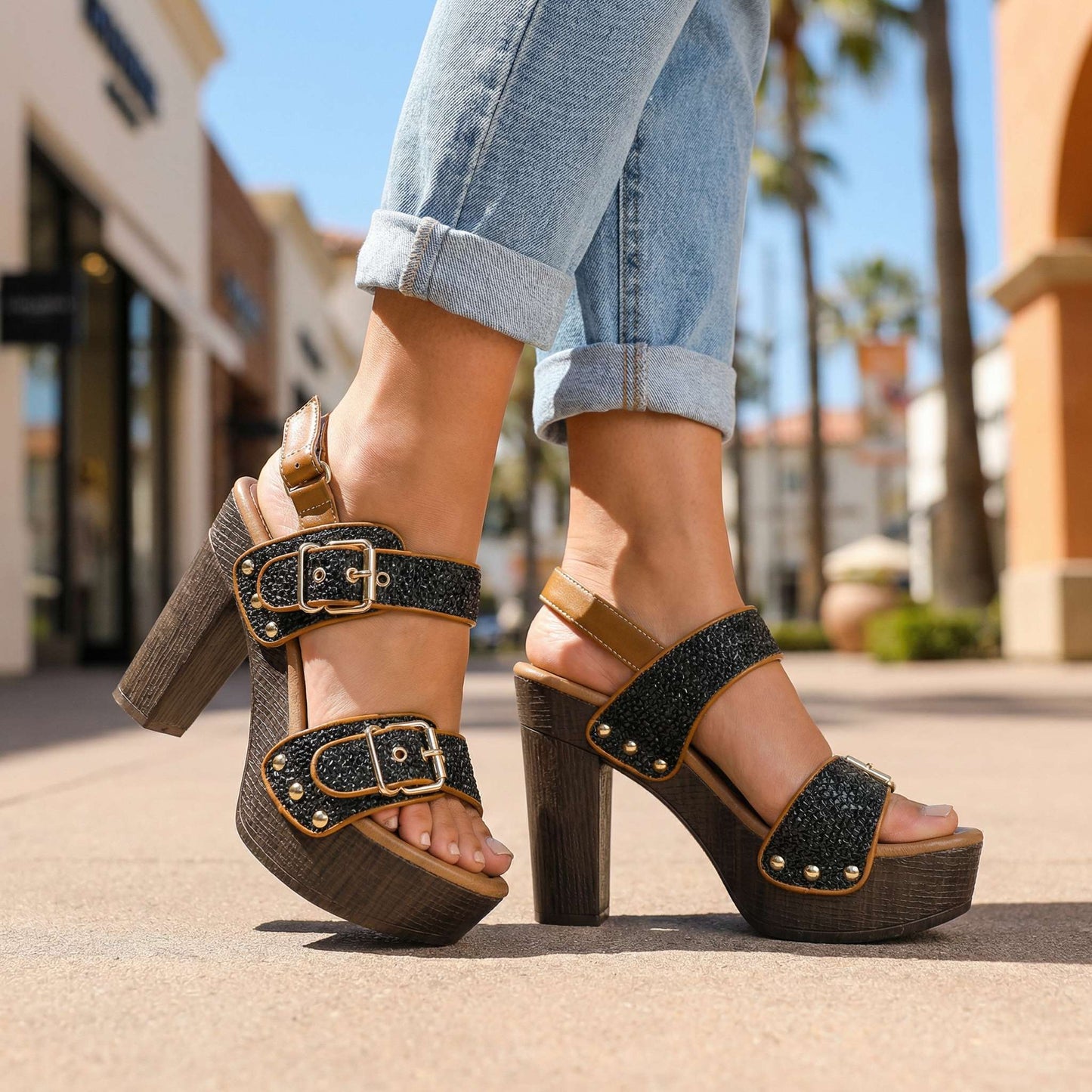 Women's Double Buckle Strap Block Heel Sandals Corvine