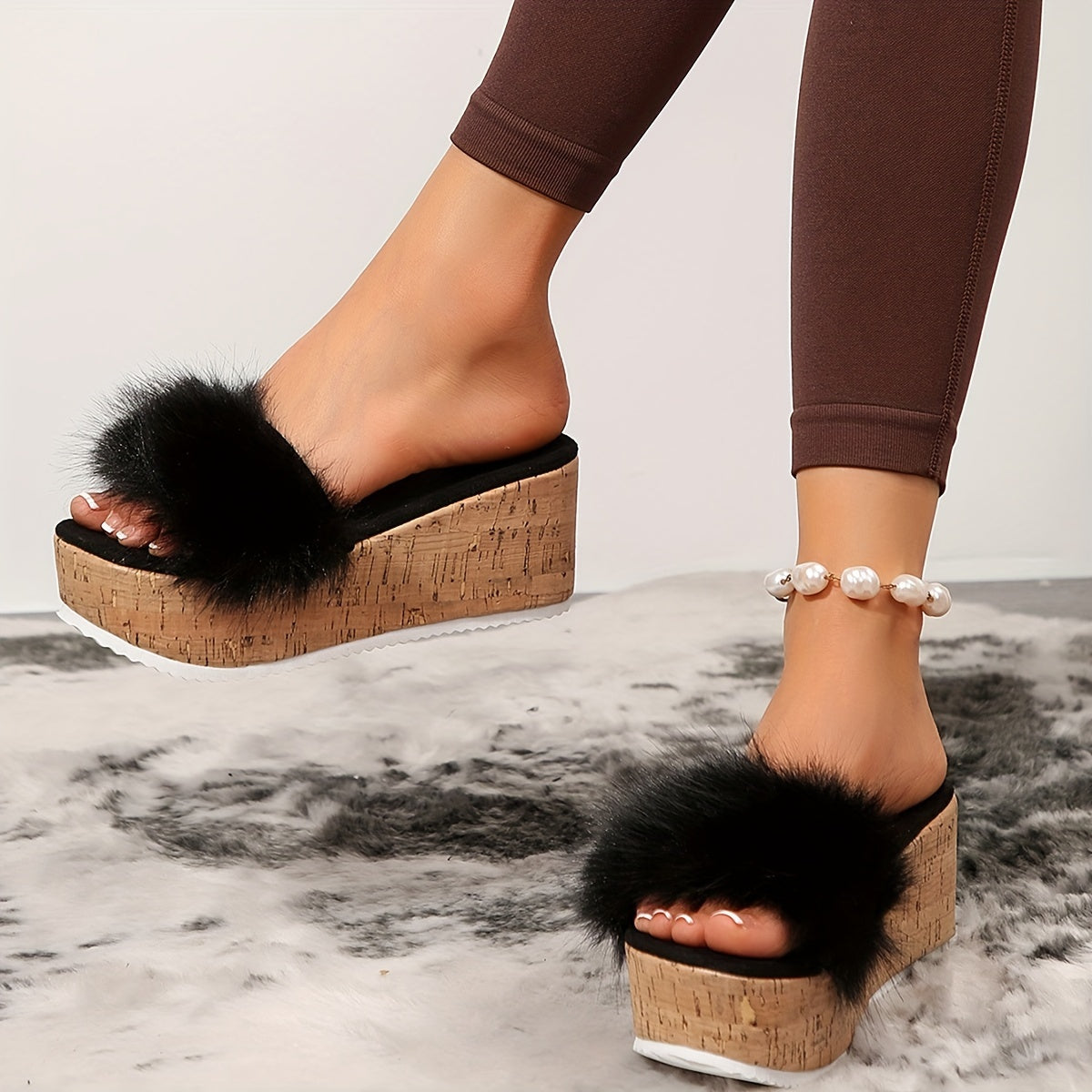 Women's Faux Fur Wedge Platform Sandals Corvine