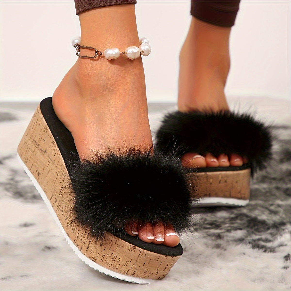Women's Faux Fur Wedge Platform Sandals Corvine