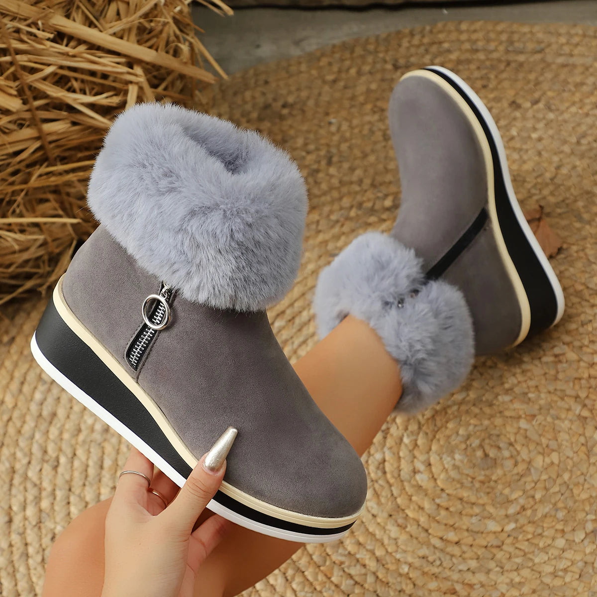 Women's Faux Suede Fur Cuff Wedge Ankle Boots Corvine