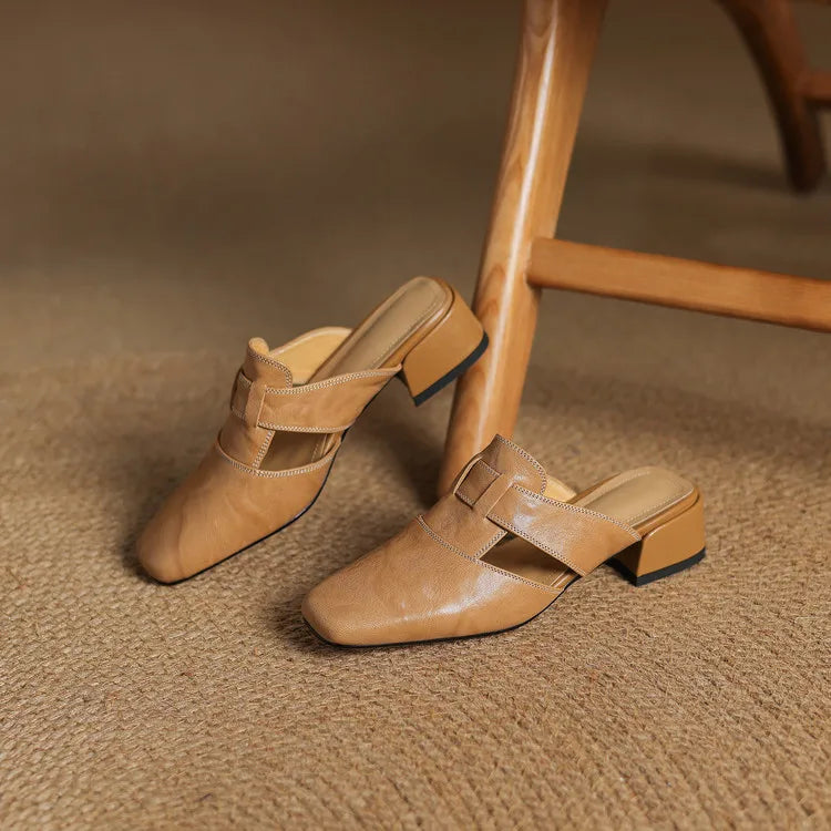 Women's Genuine Leather Cut-Out Mules Shoes Corvine