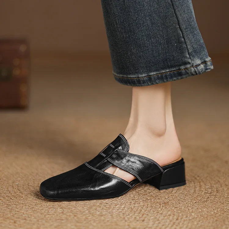 Women's Genuine Leather Cut-Out Mules Shoes Corvine