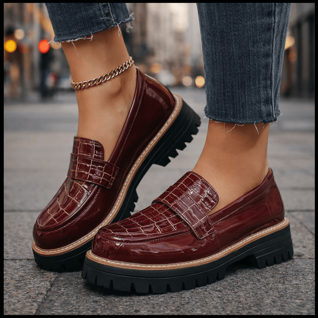 Women's Glossy Croc-Embossed Chunky Platform Loafers Corvine