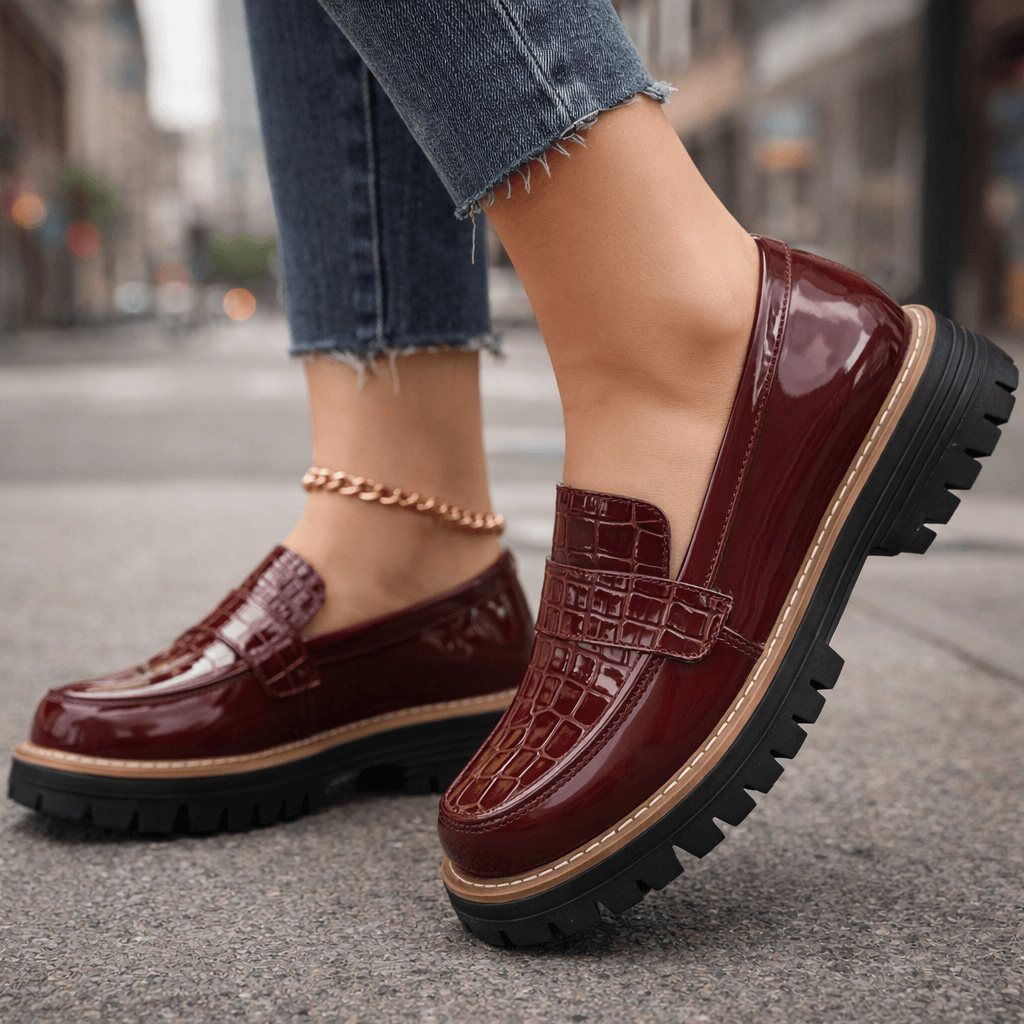 Women's Glossy Croc-Embossed Chunky Platform Loafers Corvine