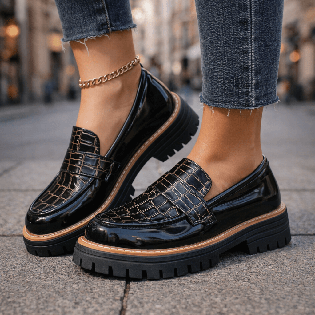 Women's Glossy Croc-Embossed Chunky Platform Loafers Corvine