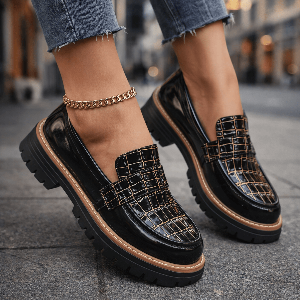 Women's Glossy Croc-Embossed Chunky Platform Loafers Corvine