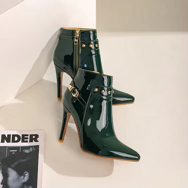 Women's High-Gloss Patent Leather Stiletto Ankle Boots Corvine