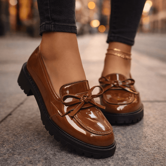 Women's High-Shine Leather Platform Loafers | Chunky Grip Sole with Bow Detail