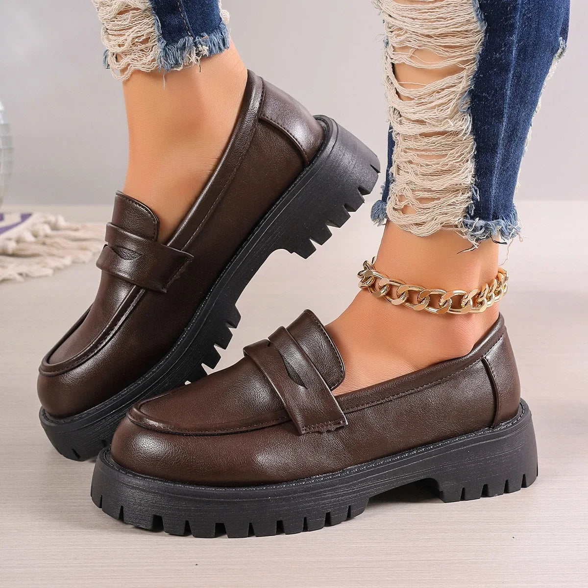 Women's PU Leather Platform Loafers Corvine