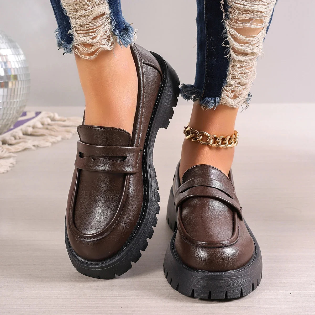 Women's PU Leather Platform Loafers Corvine
