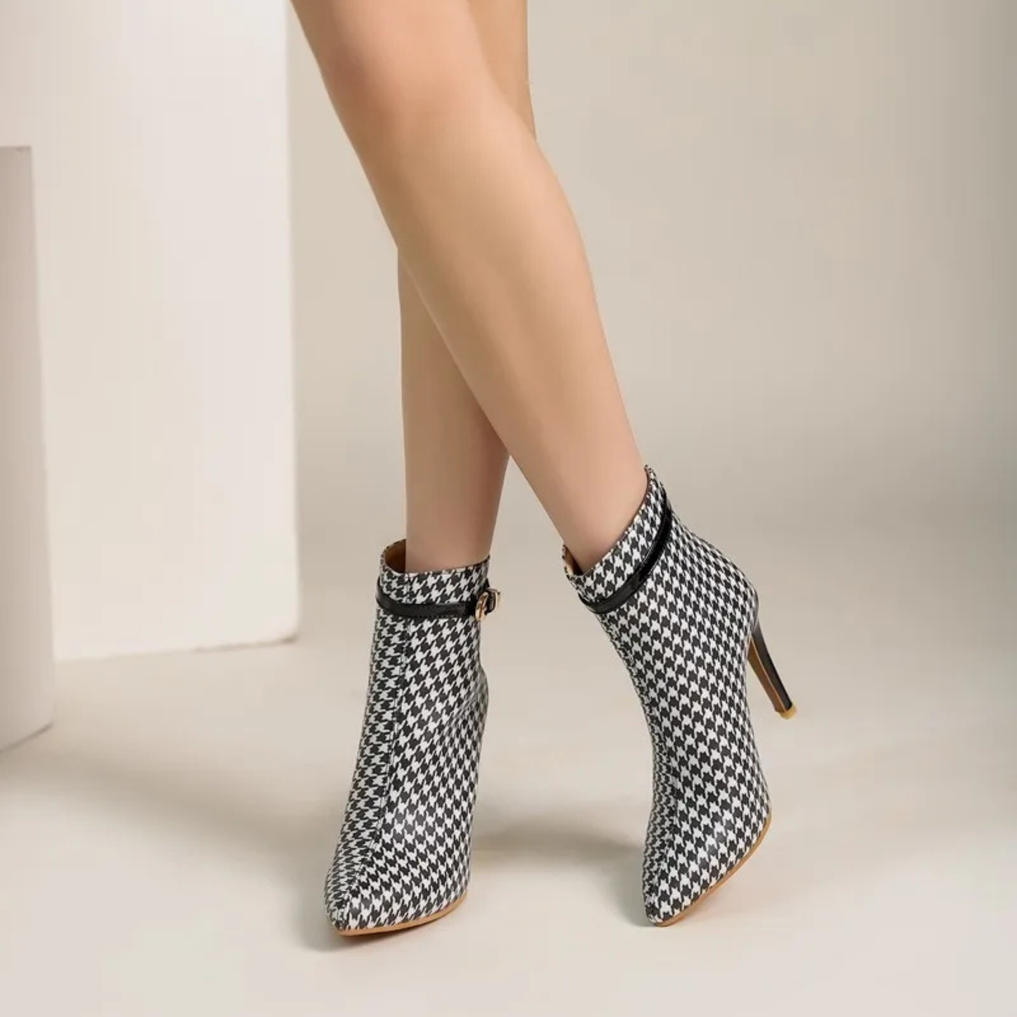 Women's Patent Leather Houndstooth Stiletto Ankle Boots Corvine