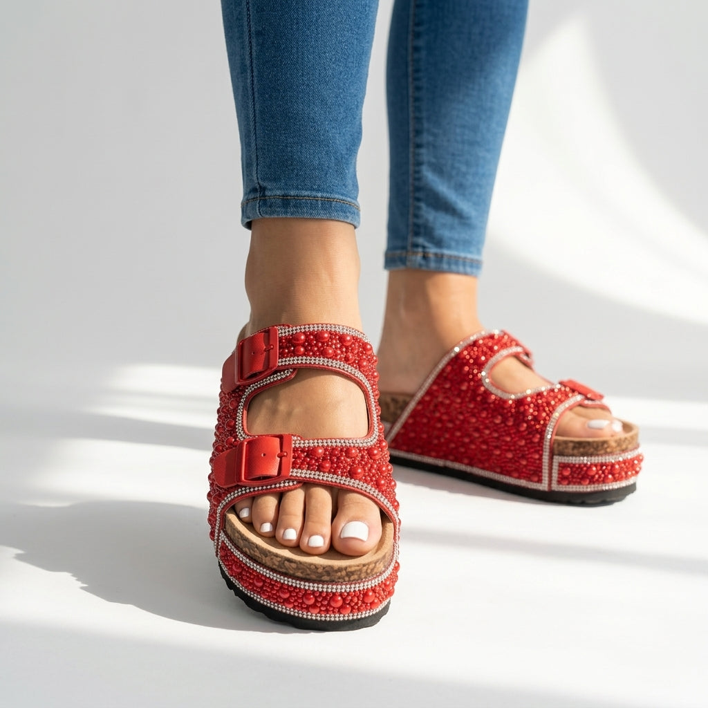Women's Pearl And Crystal Embellished Platform Slides Corvine