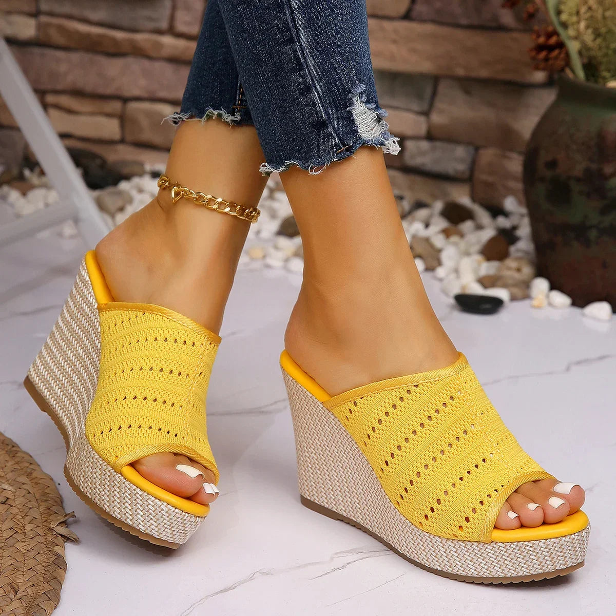 Women's Perforated Stretch-Knit Wedge Sandals Corvine