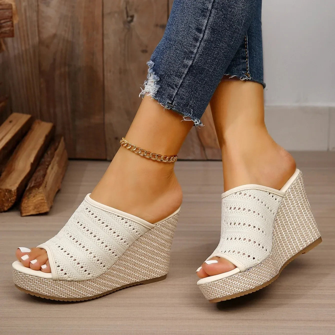 Women's Perforated Stretch-Knit Wedge Sandals Corvine