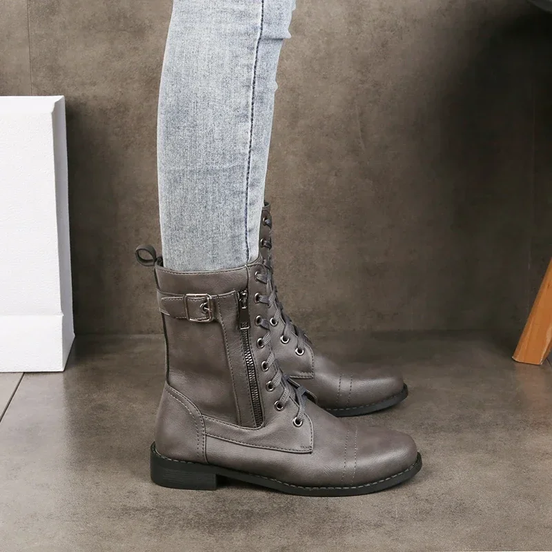 Women's Premium Leather Mid-Calf Lace Up Boots Corvine