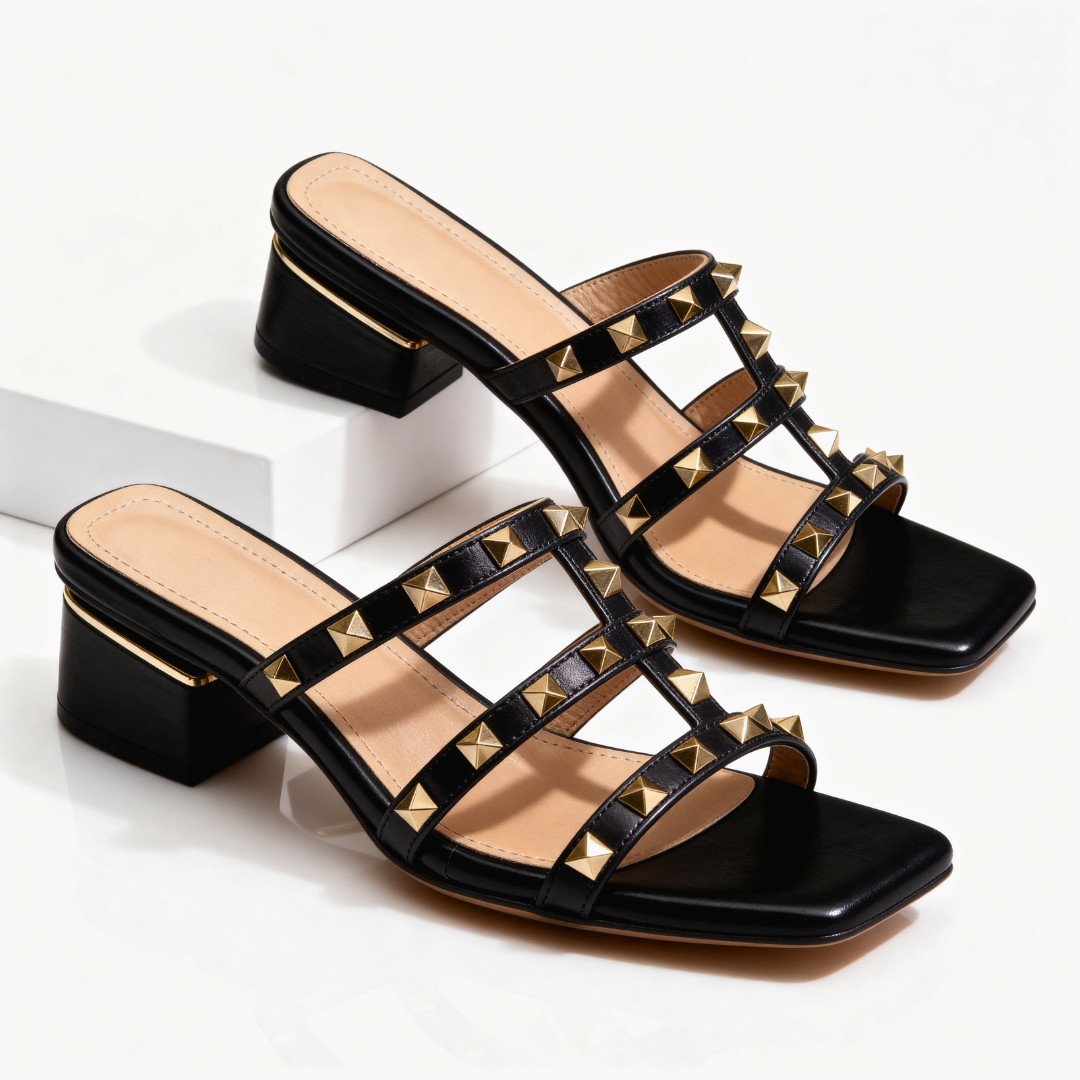 Women's Premium Leather Studded Mule Sandals Corvine