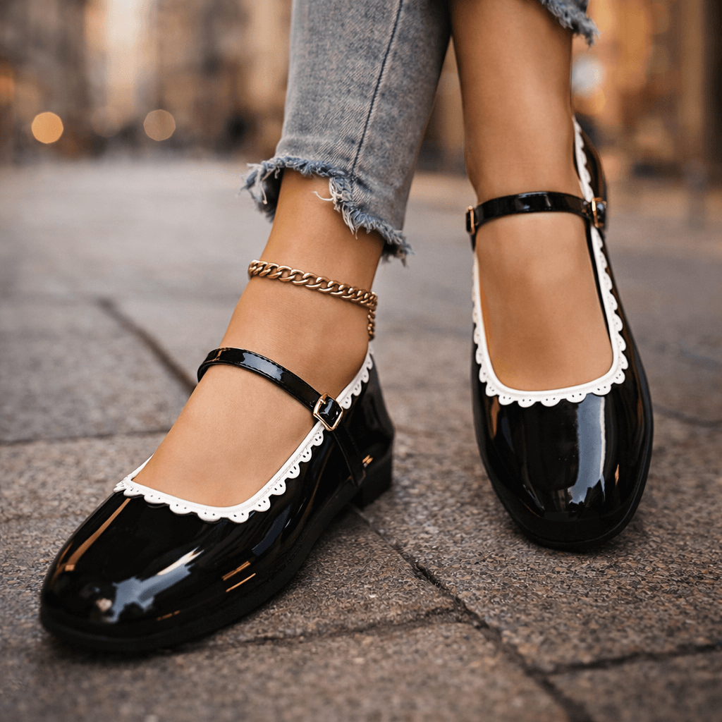 Women's Shiny Patent Leather Ankle-Strap Flats Corvine