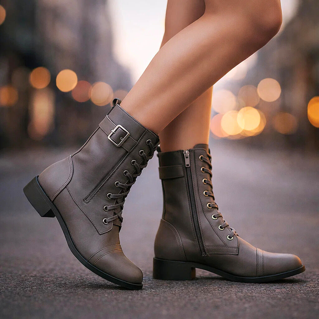 Women's Smooth Leather Lace-Up Buckle Boots Corvine