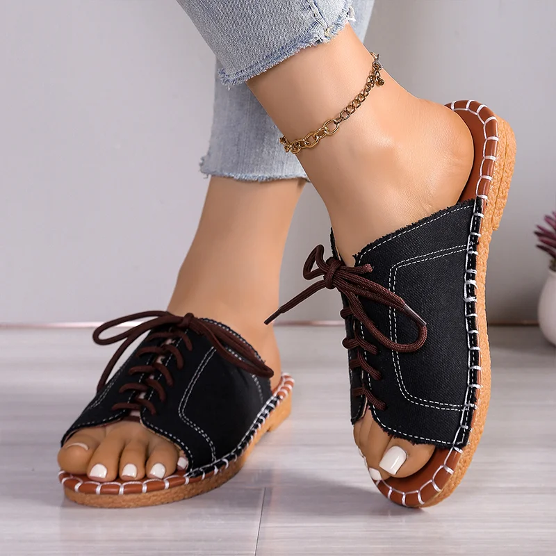 Women's Soft Denim Lace-Up Slide Sandals Corvine