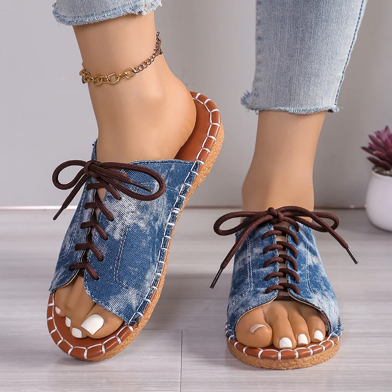 Women's Soft Denim Lace-Up Slide Sandals Corvine