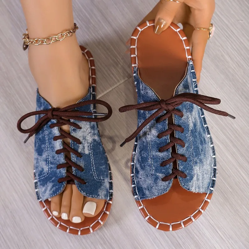 Women's Soft Denim Lace-Up Slide Sandals Corvine