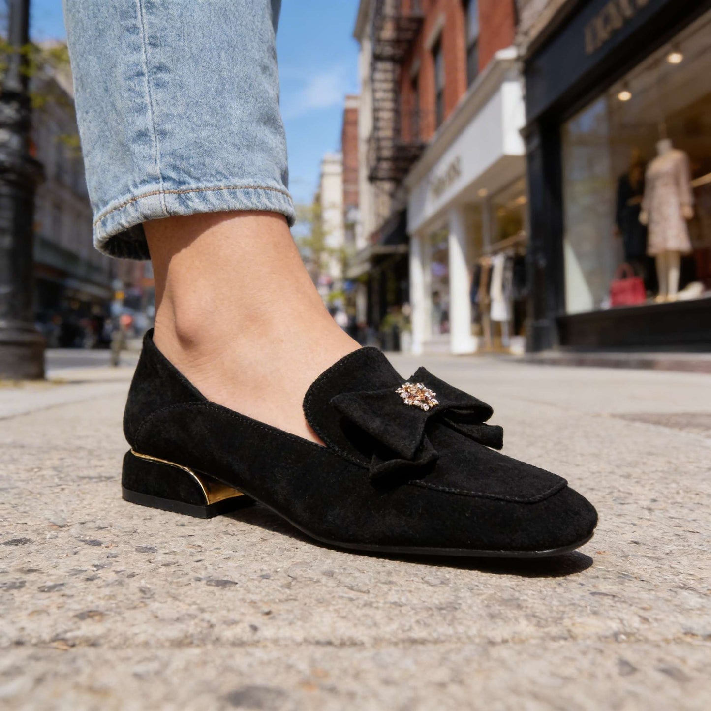 Women's Suede Bow Detail Black Loafers Corvine
