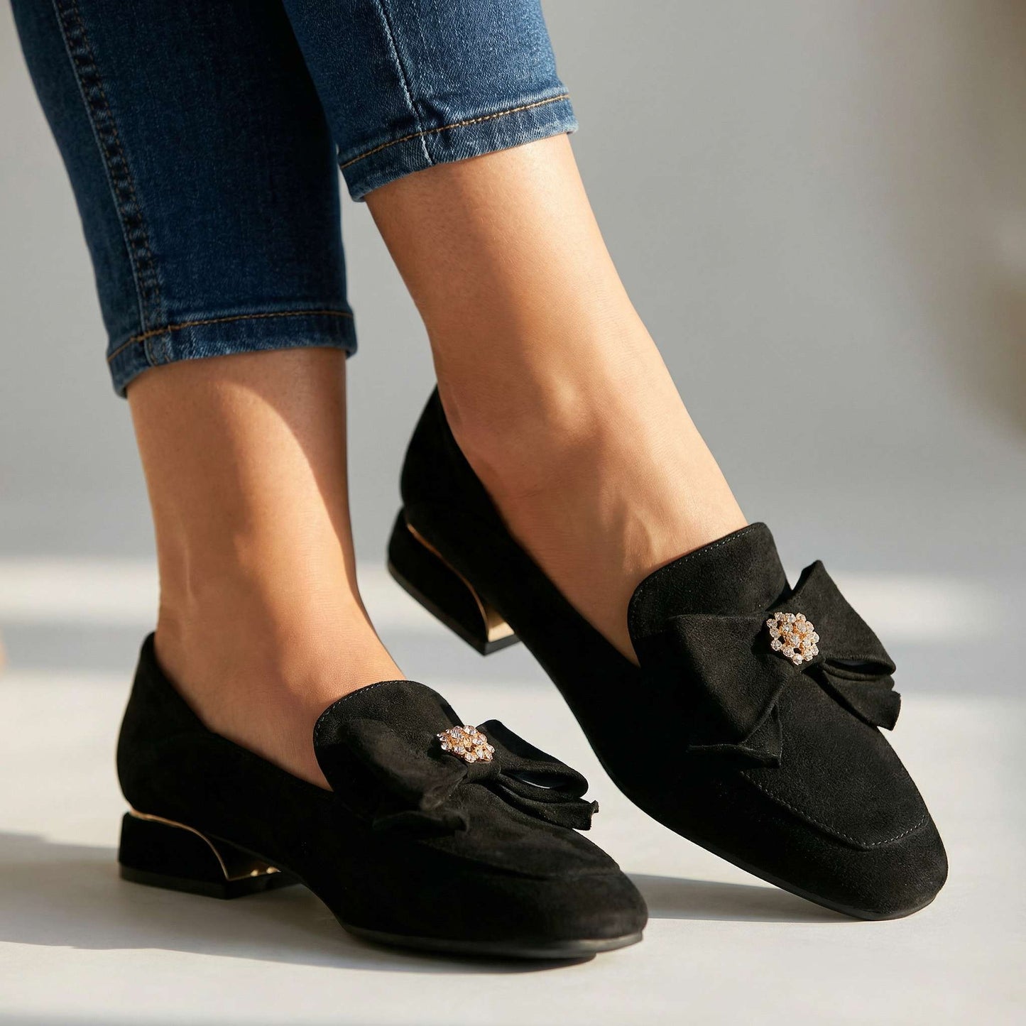 Women's Suede Bow Detail Black Loafers Corvine
