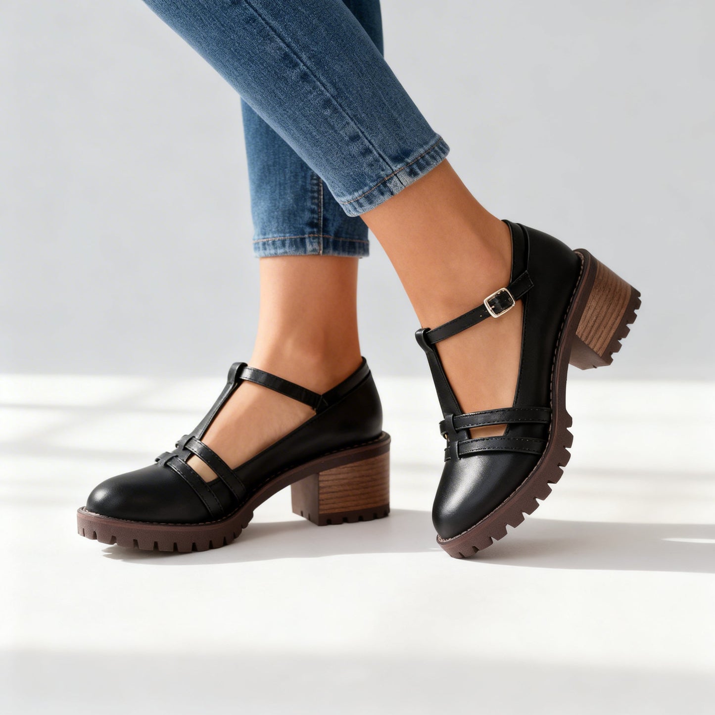 Women's Tailored Upper T-Strap Black Loafers Corvine