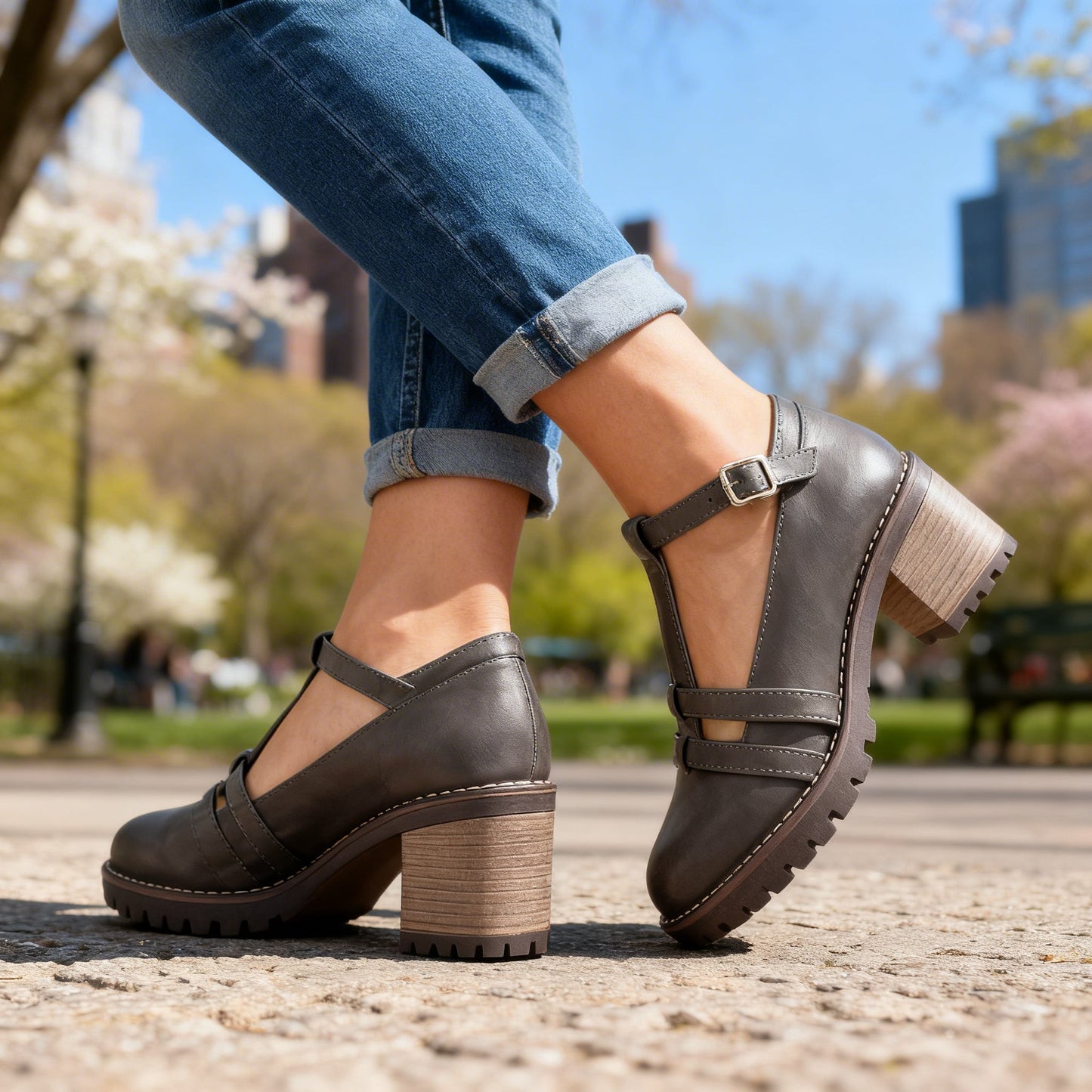 Women's Tailored Upper T-Strap Black Loafers Corvine