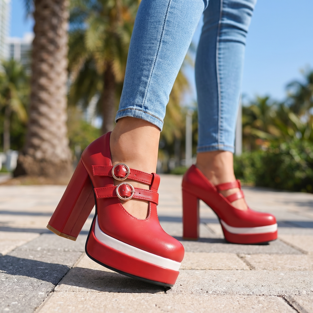 Women's Twin Buckle T-Strap Platform Heels Corvine